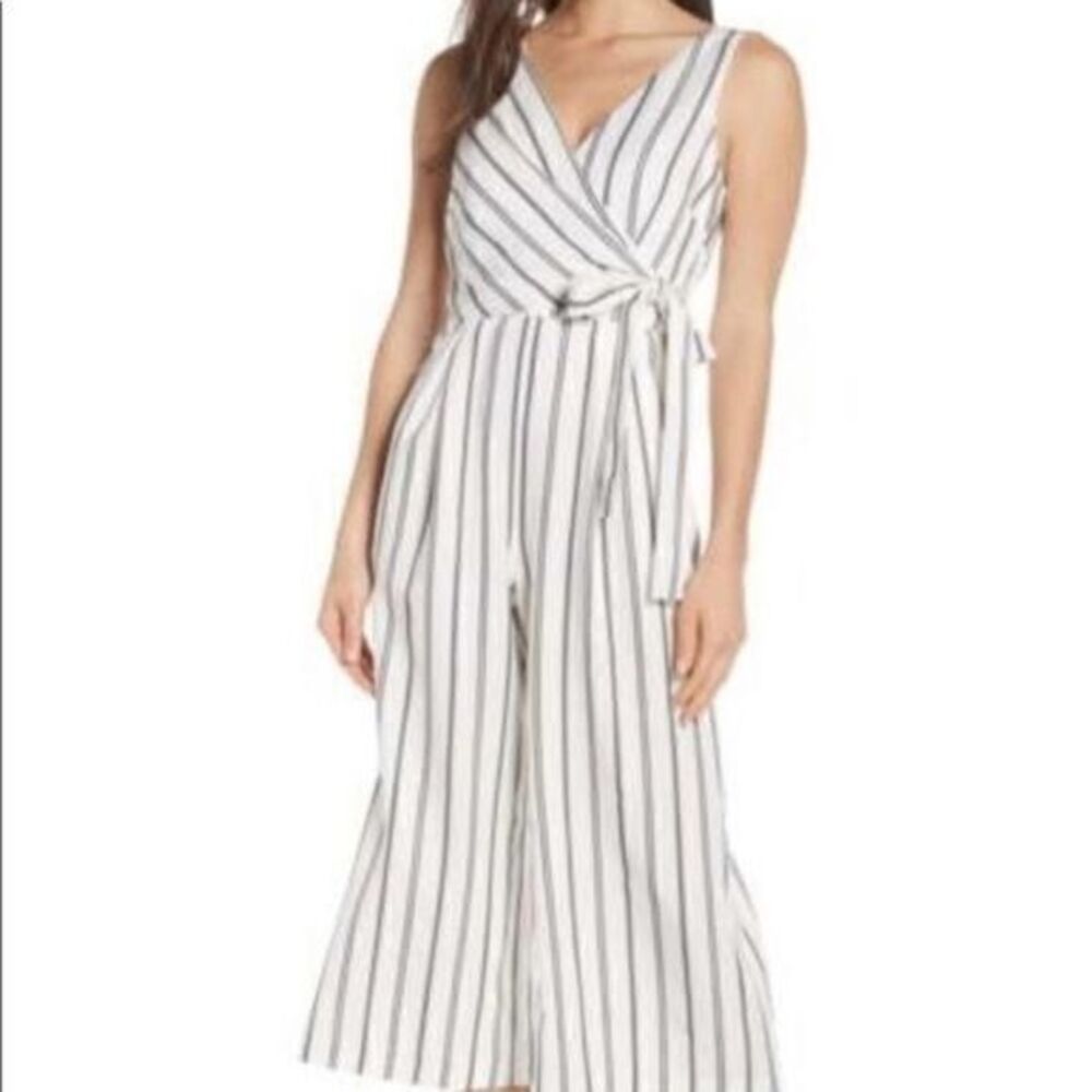 Chelsea28 Stripe Faux Wrap Crop Jumpsuit NWT 8
